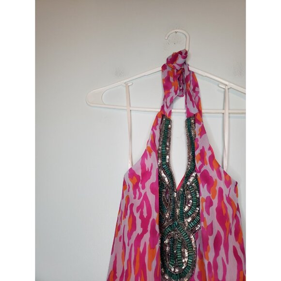 Boston Proper Womens XS Mini Dress Halter Pink Leopard Chiffon Beaded Sequin Y2K - Picture 4 of 5